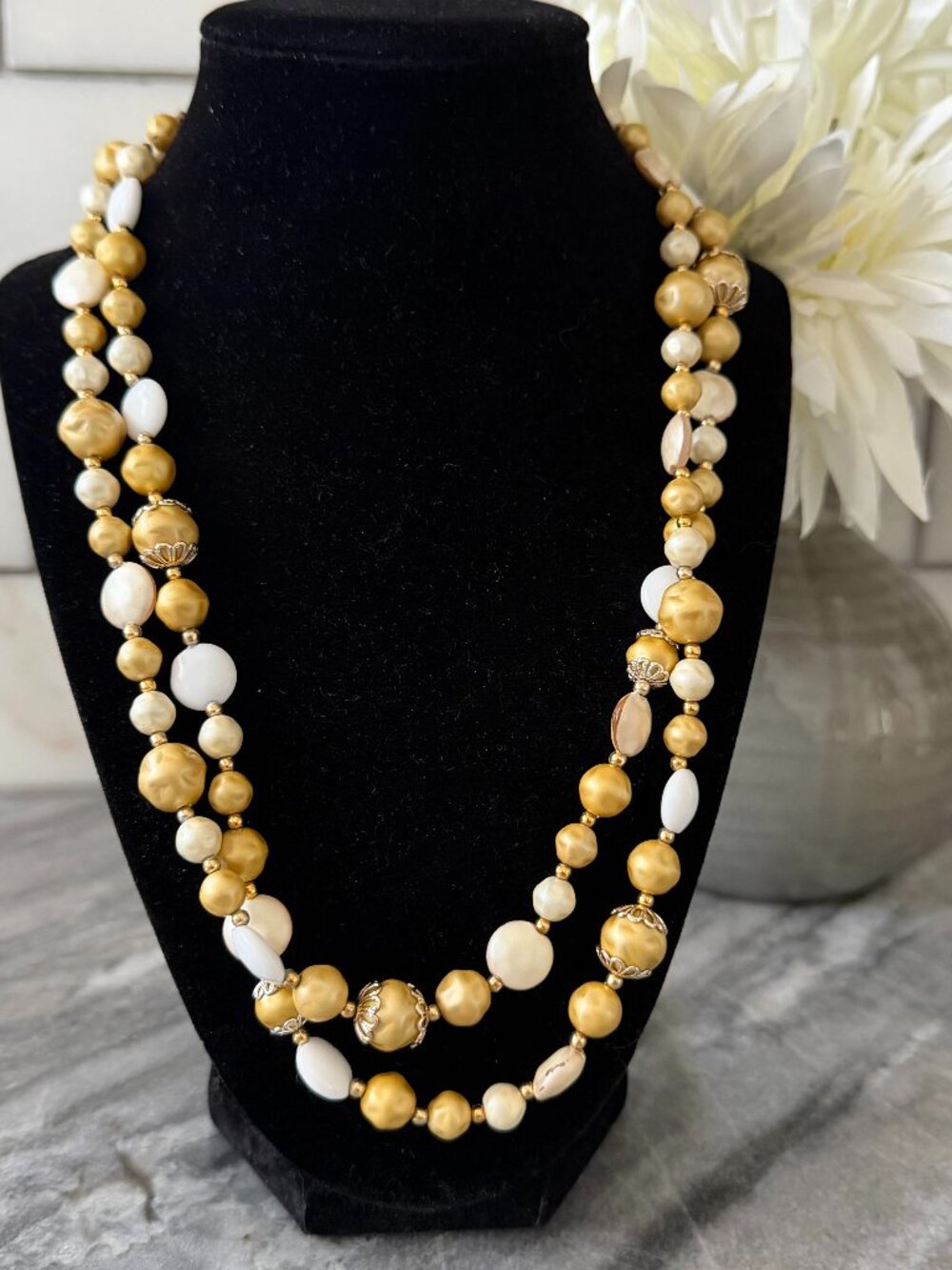 Vintage 50s Japan Double Strand Faux Baroque Pearl Necklace Gold Cream 44"